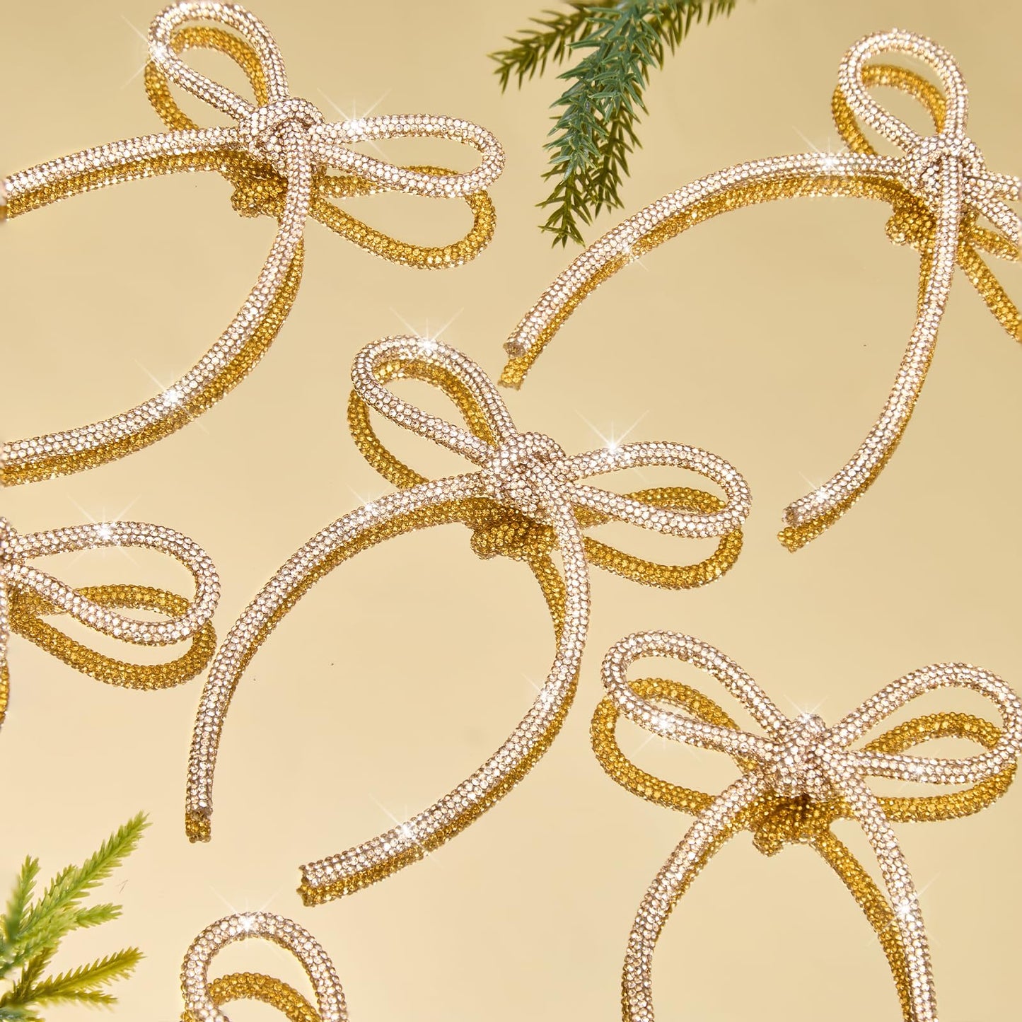 FLAIR GIFTS 6 Pcs 2026 Christmas Bows Ornaments, Champagne Gold Sparkly Glitter Rhinestone Bow Ornaments with Twist Tie for Xmas Tree Decoration, Wreath, Garland, Gift Wrapping