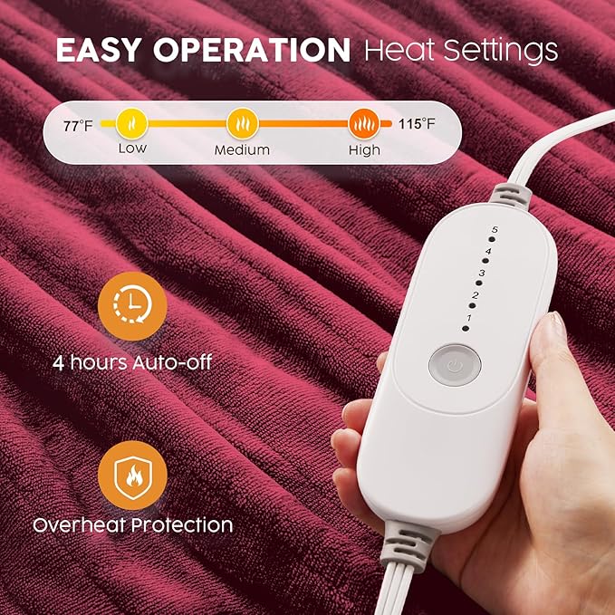 HYLEORY Heated Electric Blanket Queen 84"x90" Soft Fleece & Flannel with 5 Heating Levels & 10 Hours Timer Auto Shutt Off, ETL Certified, Washable，Heated Blanket for Body-Red