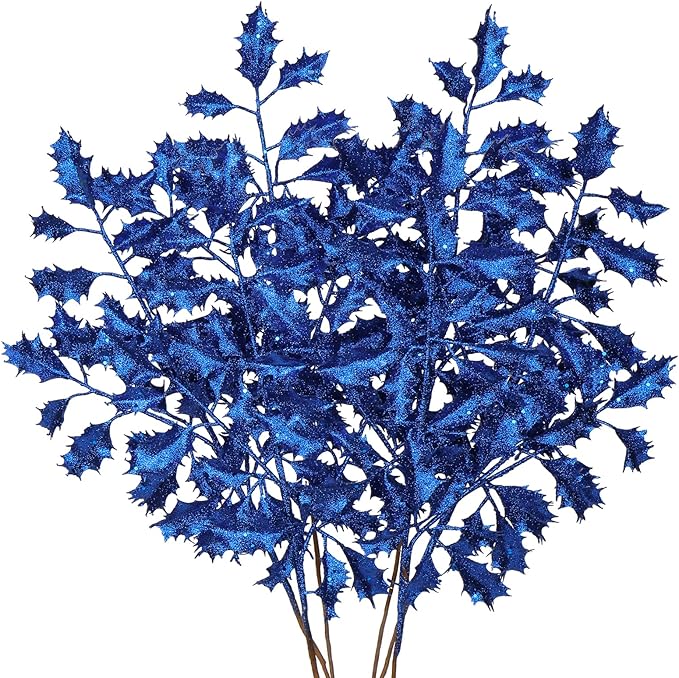 DILATATA 6Pcs Christmas Glitter Leaves Holly Leaves 23" Artificial Royal Blue Holly Leaf Picks Sprays Giltter Stems for Christmas Tree DIY Xmas Wreath Garland Home Decor - Royal Blue
