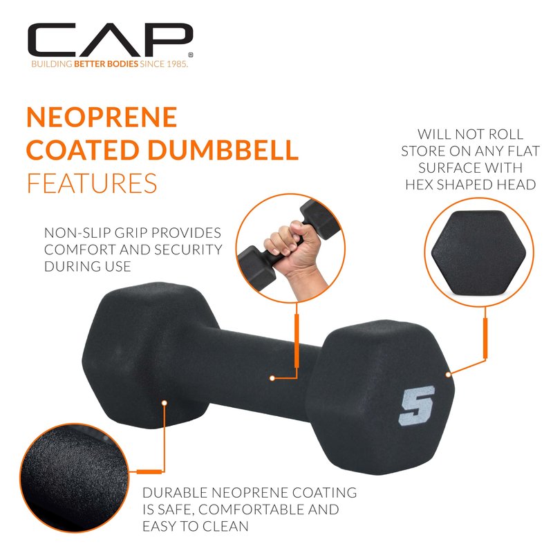 CAP Barbell 5 LB Neoprene Dumbbell Hand Weights - Pair | Black