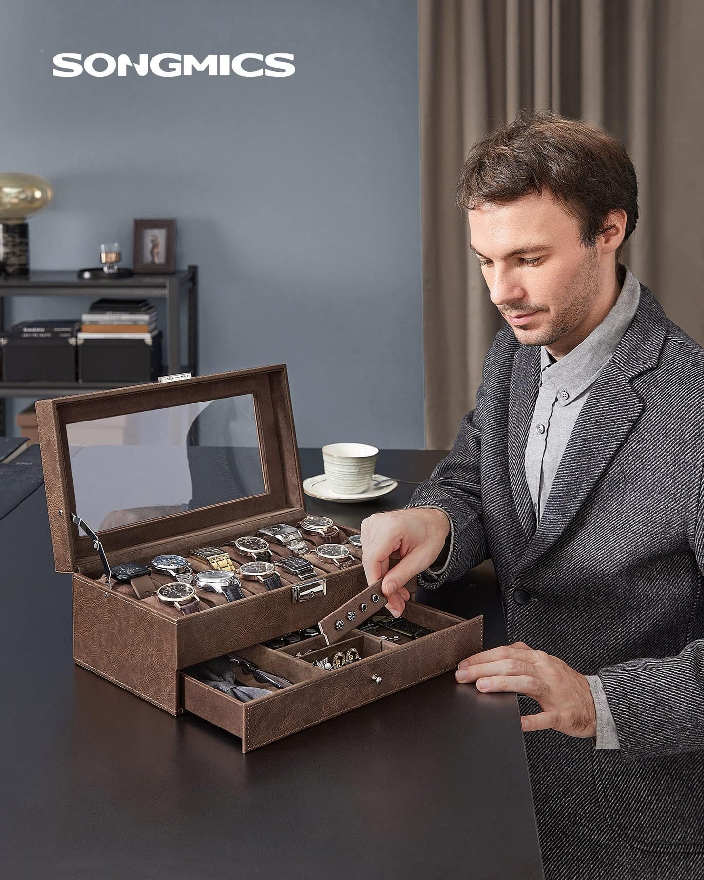 SONGMICS Watch Box, 12-Slot Watch Case Organizer with Large Glass Lid, 2 Layers, Removable Pillows, Metal Lock, Gift for Loved Ones, Brown Synthetic Leather, Brown Lining UJWB012K01