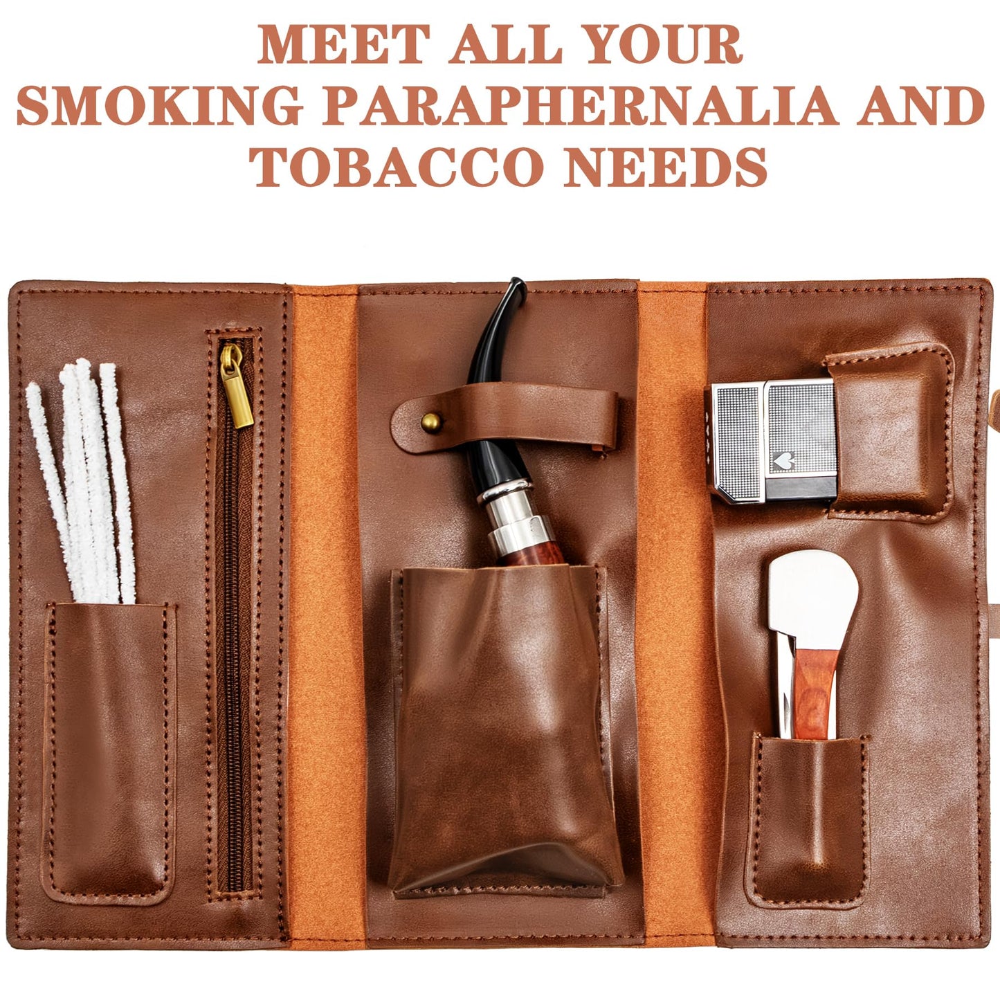 SPIPER PU Leather Tobacco Pipe Bag, Contains Up to 7 Pouches With Different Functions， Handmade Pipe Tool Pouch, Portable Tobacco Bag, Smell Poof Pouch, Great Gift (Brown)