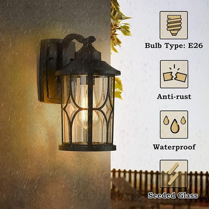 zeyu 2 Pack Outdoor Wall Lights, Exterior Light Fixture for Front Porch House, Die-Cast Aluminum with Seeded Glass, Black Finish, ZX48B-2PK BK