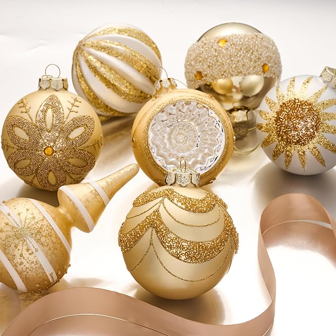 Valery Madelyn Glass Christmas Ornaments Set, 10ct White Gold Mercury Blown Glass Christmas Tree Ball Decorations, Luxury Xmas Hanging Teardrop Finial Faceted Reflector for Holiday Decor