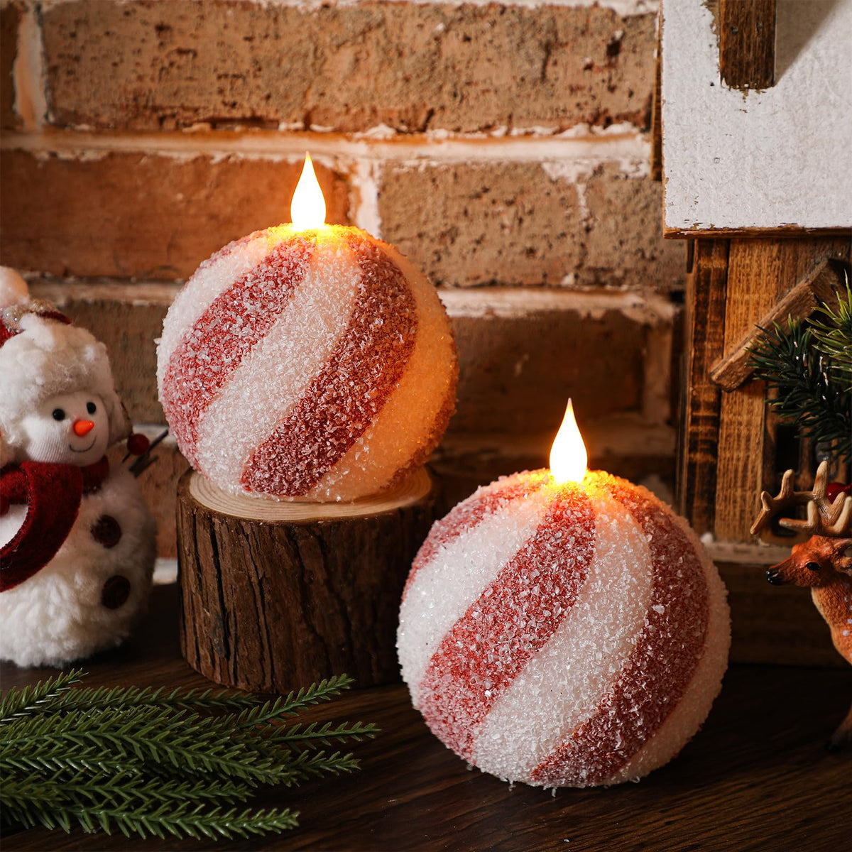 Baquler Set of 2 Christmas Candy Light Indoor Flameless Candles LED Candy Cane Light Xmas Red and White Glitter Ball Battery Operated Candles for Xmas Gift Holiday Party Room House Home Table Decor