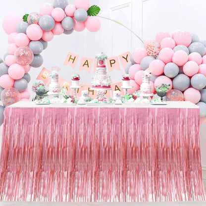 4 Pack 29x108 Inch Metallic Foil Fringe Tinsel Table Skirts for Rectangle Tables Streamer Backdrop for Wedding, Birthday, Parade Floats, Christmas, Halloween Party Decoration(New Rose Gold)