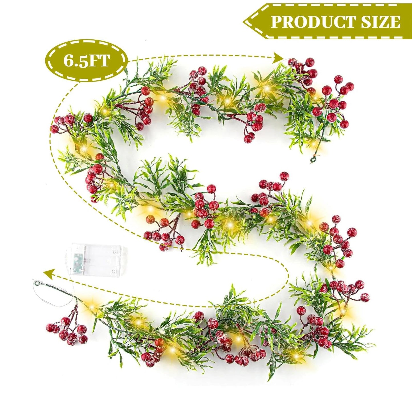 Christmas Garland with Light,Lighted Snowy Red Berries Holly Leaves Garland for Fireplace Mantle Indoor Outdoor Christmas Decoration 6.5FT Pre-lit Battery Operated Xmas String Lights 1 Pack