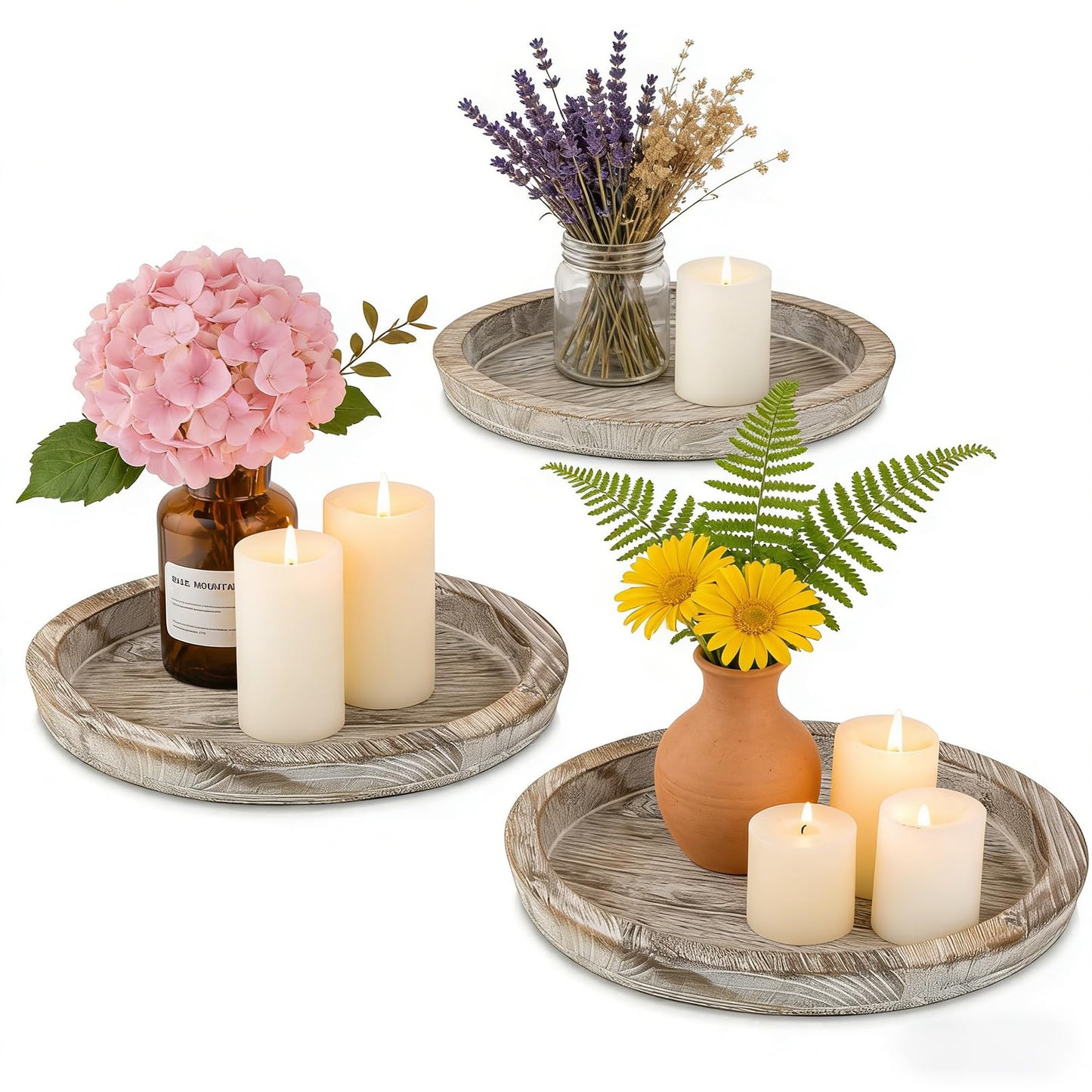 OKSON 3-Pack Round Wooden Candle Plate Holder Trays, Rustic Farmhouse Decorative Round Wood Tray for Coffee Table, Dining, Tealight & Pillar Candles, Party, Wedding, Halloween Home Decor(Whitewash)
