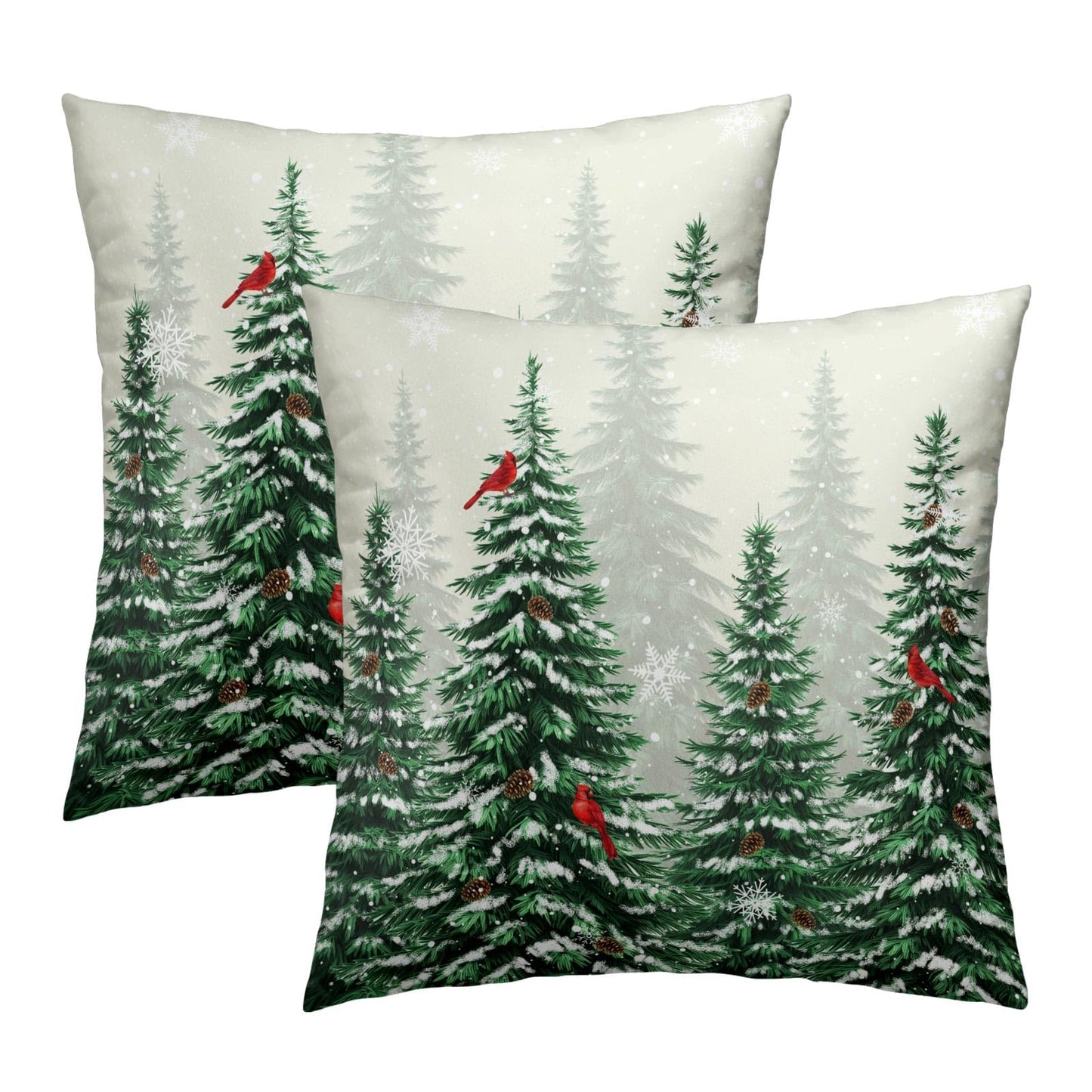 Winter Cardinal Bird Pillow Covers 16x16 Inch,Christmas Pine Tree Throw Pillow Covers Snow Forest Green Trees Cushion Cover Set of 2 Soft Cotton Pillow Cases Square for Home Sofa Living Room Decor