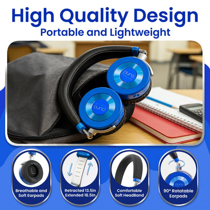 Puro Sound Labs JuniorJam Plus Volume-Limiting Wireless Bluetooth Headphones for Kids, Secure Audio with Adjustable On-Ear Design, 22-Hour Battery Life, Ideal for Tablets, Smartphones & PCs - Blue