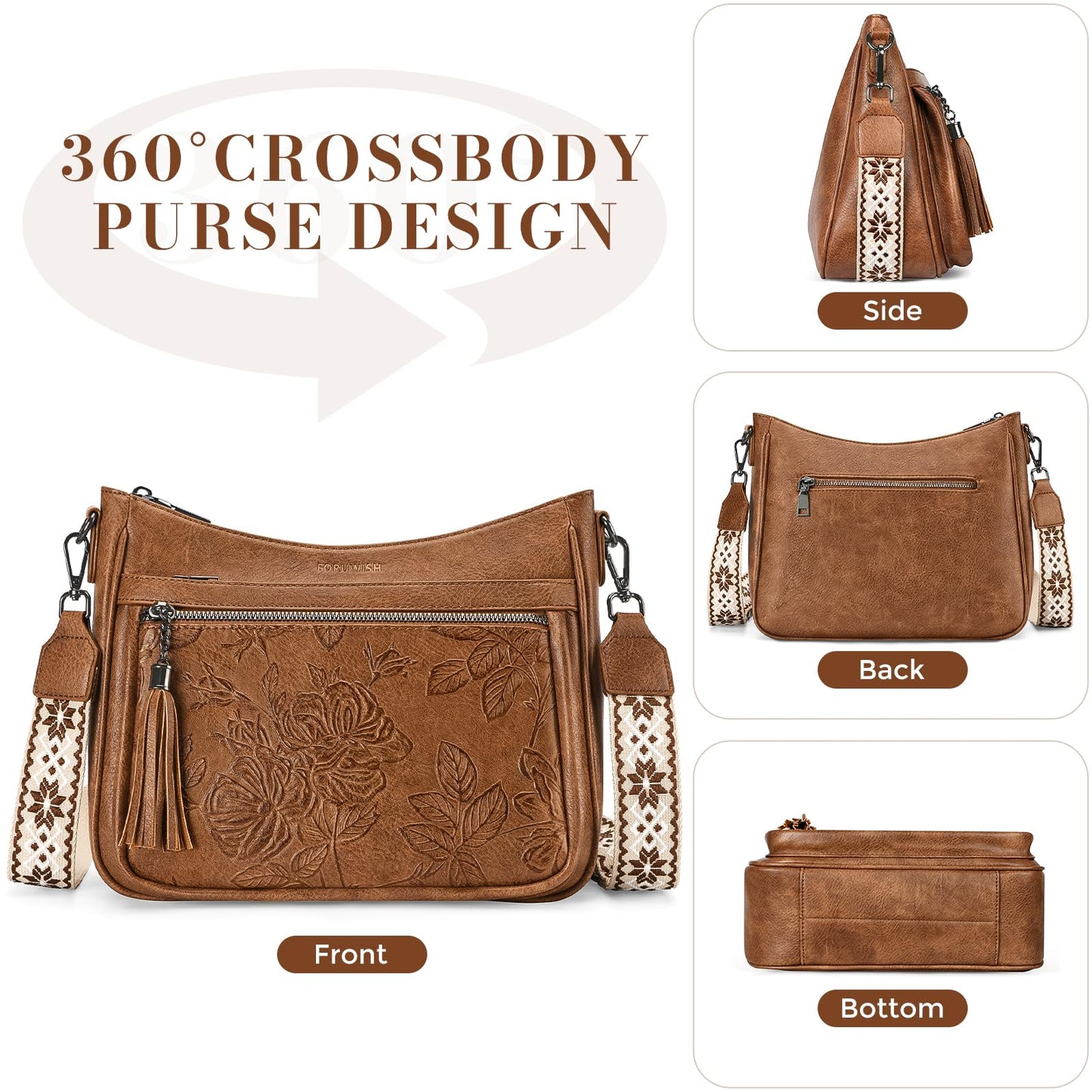 FORUWISH Crossbody Bags for Women, Brown Vegan Leather Medium Crossbody Purse, Spacious Daily Travel Shoulder Bag with Boho Strap
