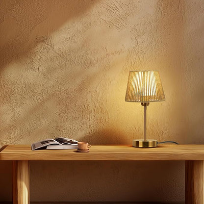 ONEWISH Touch Bedside Table Lamps Set of 2, 14.2" Boho Lamp 3 Way Dimmable, Rope lamp for Bedroom Nightstand Farmhouse, LED Bulb Included(Gold)