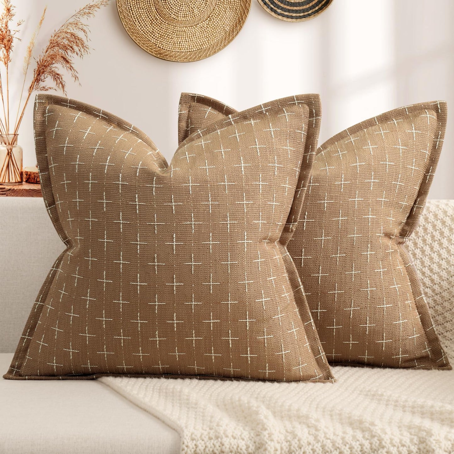 ZWJD Throw Pillow Pillow Covers 24x24 Set of 2 Soft Polyester Textured Pillow Covers with Stylish Flange Edge Cozy Farmhouse Throw Pillows for Couch Bed Sofa Living Room