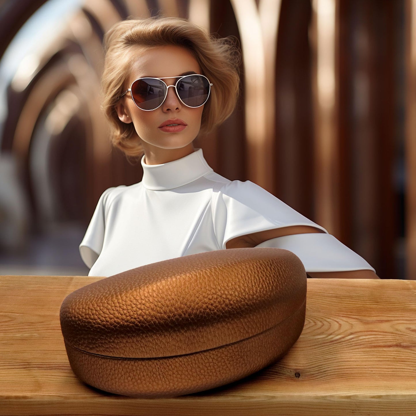 MyEyeglassCase LARGE CURVED Sunglasses Case DOES NOT FIT OVERSIZE FRAMES - Women Premium Hard Shell Sunglass Case in Leather Like cover with Microfiber Pouch & Cleaning (AS413 Bronze)
