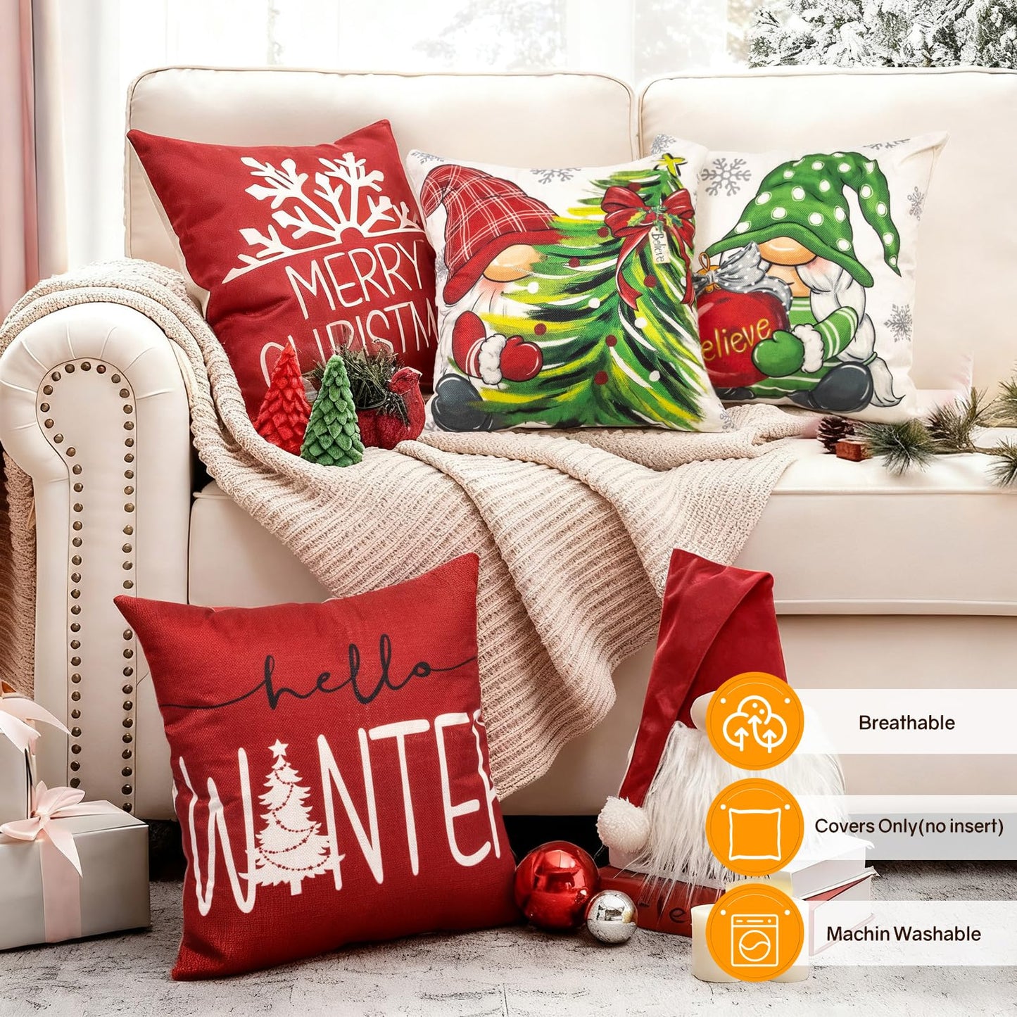 Aursaos Merry Christmas Hello Winter Holiday Pillow Covers 18x18 Set of 4, Red Gnome Green Tree Snowflake Decorative Throw Pillow Case for Couch Sofa Living Room