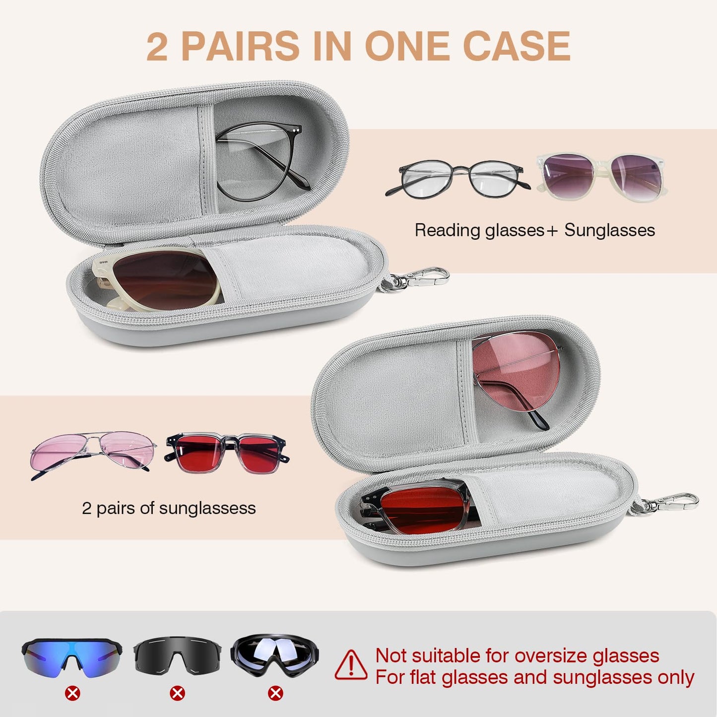 Marvolia Double Eyeglasses Case Hard Shell Dual Glasses Case with Clip & Zipper Closure Travel Sunglasses Organizer Portable Eyewear Storage Box for Men Women - Grey