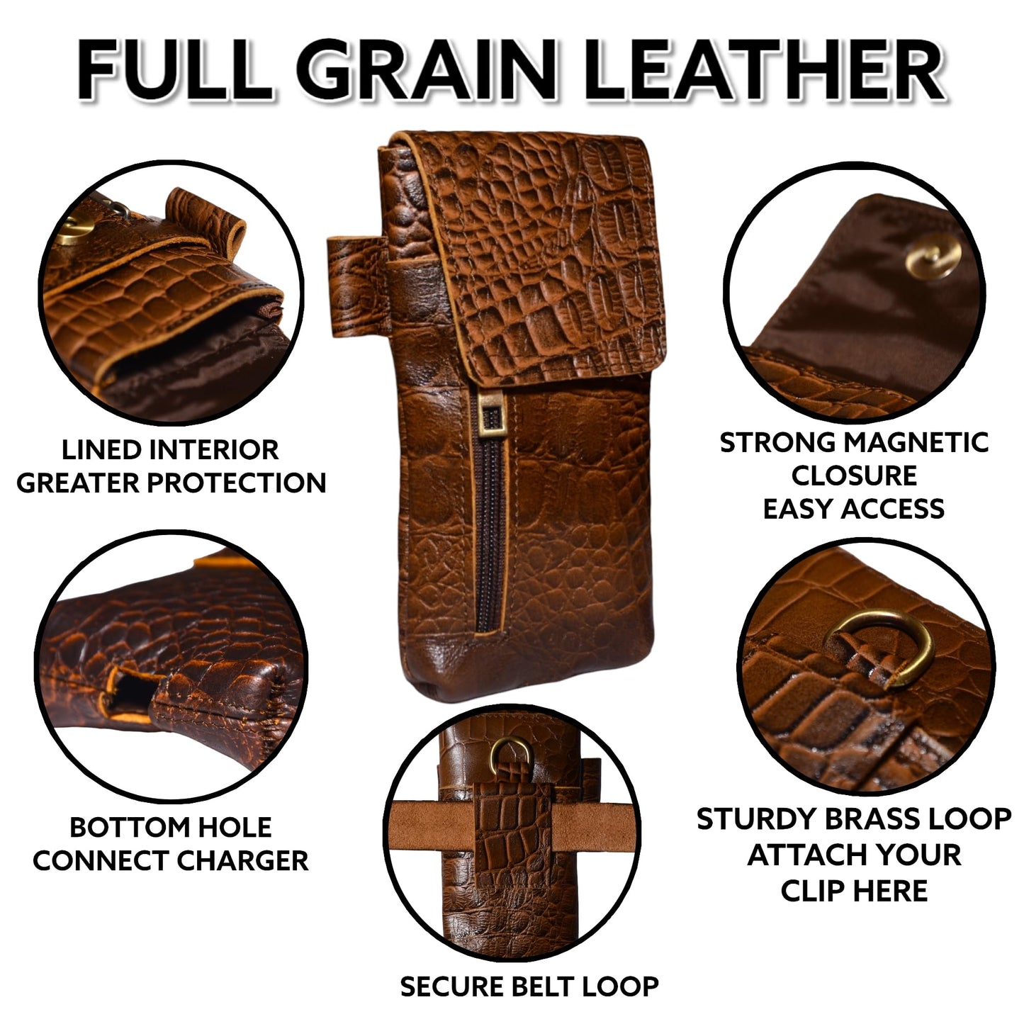Genuine Full-Grain Buffalo Leather Cell Phone Holsters – 7” H x 3.5" W Leather Cell Phone Holster Large Smartphones – Secure & Durable Phone Belt Holder (Crocodile Print) (Croco Tan)