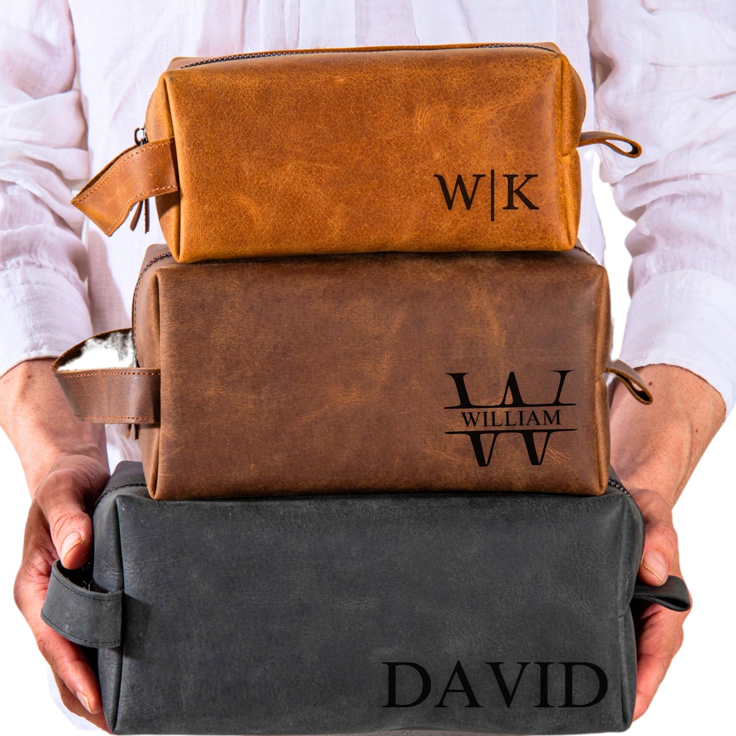 Personalized Leather Toiletry Bag for Men – Custom Shaving Dopp Kit with Name or Initial, Travel Gift for Groomsmen, Husband, Dad, Boyfriend, Birthday, Anniversary, Valentines Day Gifts for Men, Him