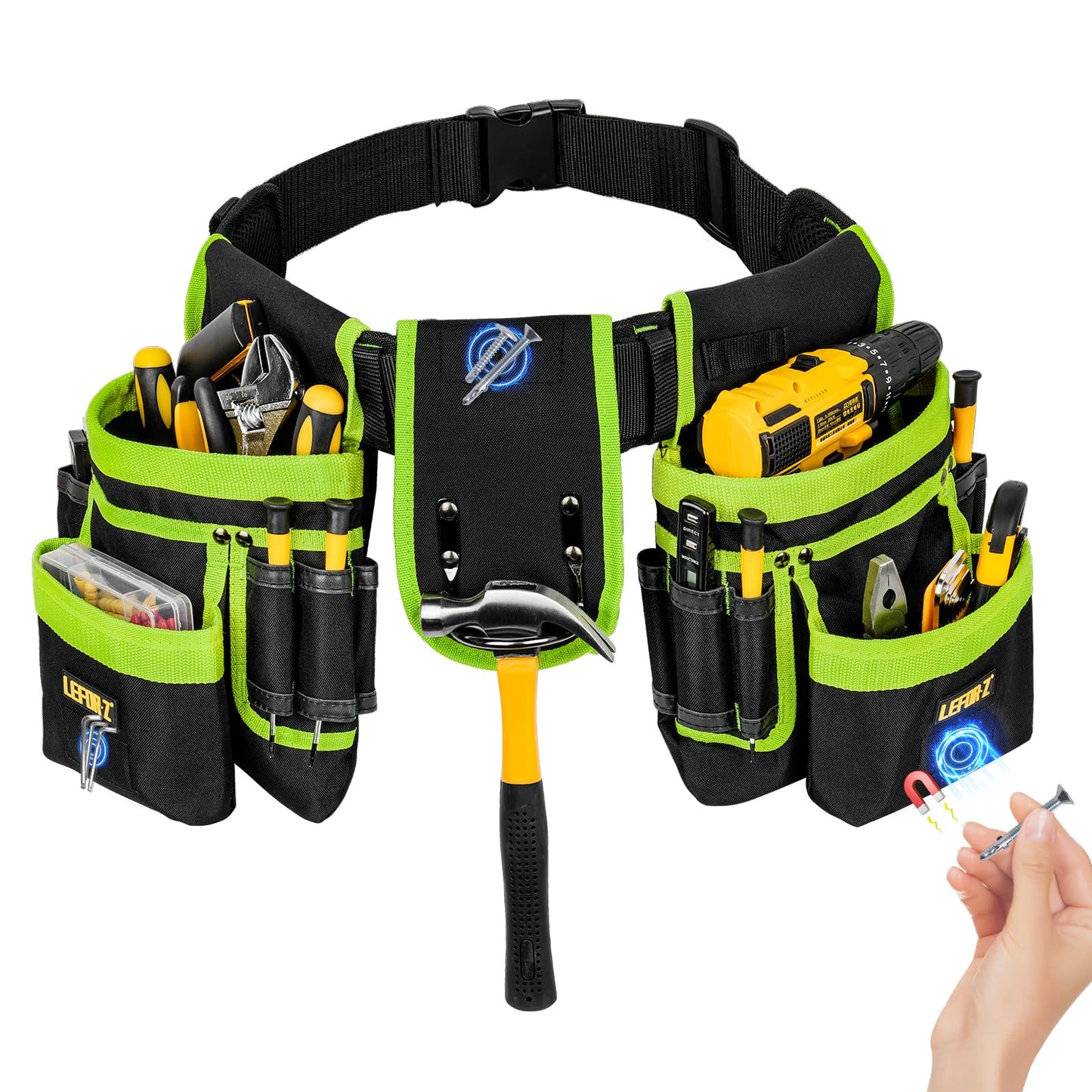 Tool Belt,Magnetic Tool Pouch,27-Pockets Heavy Duty Tool Belts for Men,Detachable Tool Pouch Bag for Electrician,Carpenter,Construction,Work Apron,Utility Belt,Valentines Day Gifts for Men,Black,Green