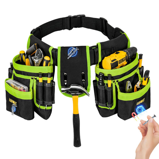 Tool Belt,Magnetic Tool Pouch,27-Pockets Heavy Duty Tool Belts for Men,Detachable Tool Pouch Bag for Electrician,Carpenter,Construction,Work Apron,Utility Belt,Valentines Day Gifts for Men,Black,Green