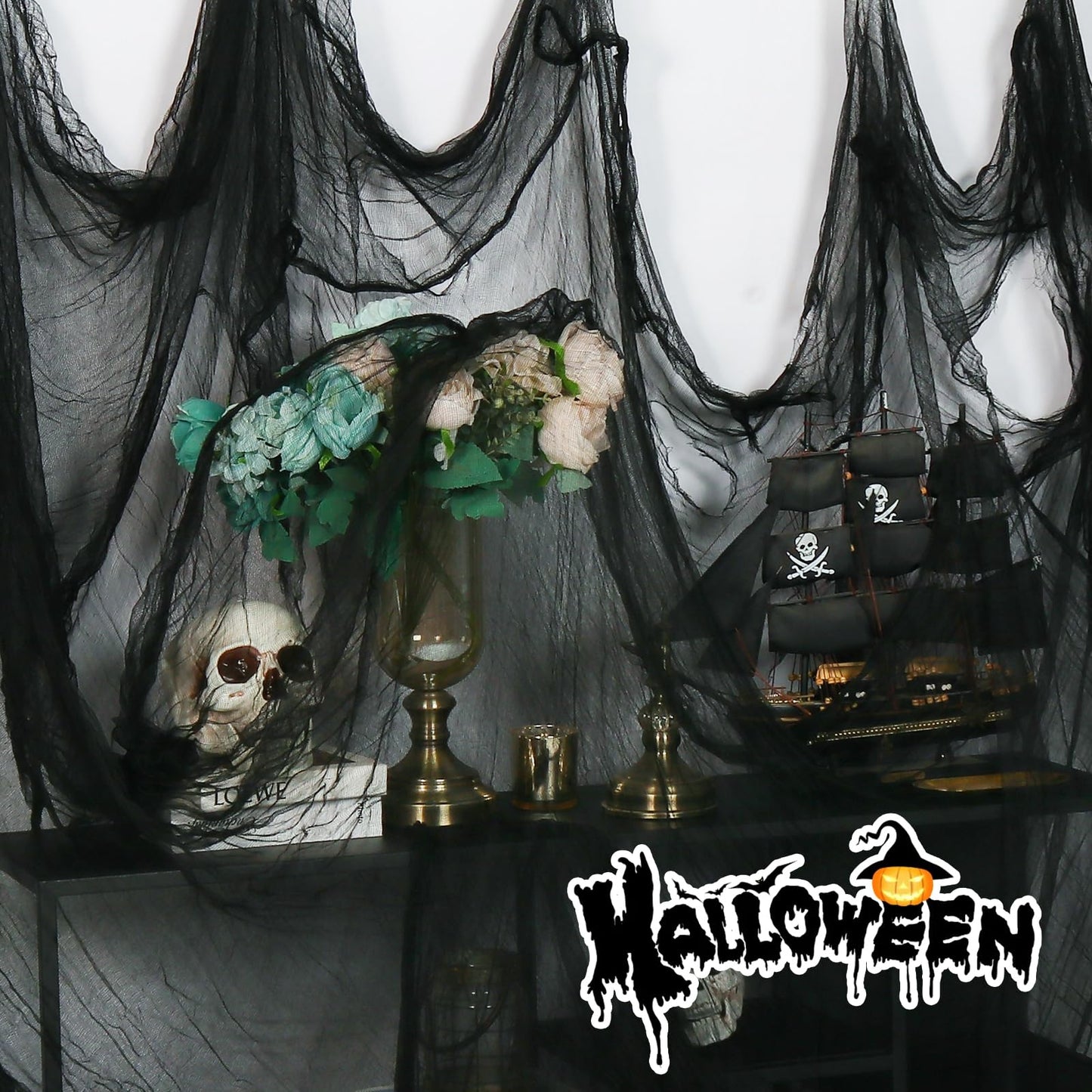 500" x 80"Halloween Creepy Cloth Black Large Spooky Fabric Cloth Halloween Decorations Outdoor for House, Window Backdrops, Garden Party Supplies, Yard, Tree, Wall Art