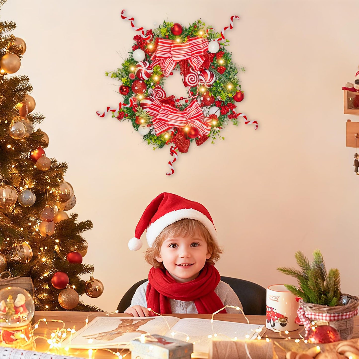 Christmas Wreath, 17-24 Inch Christmas Wreaths for Front Door with Lights Balls Red Bows Candy Canes Berries Pine Needles Greenery Wreath Xmas Decoration Ornaments Rustic Wall Porch Home Party Decor