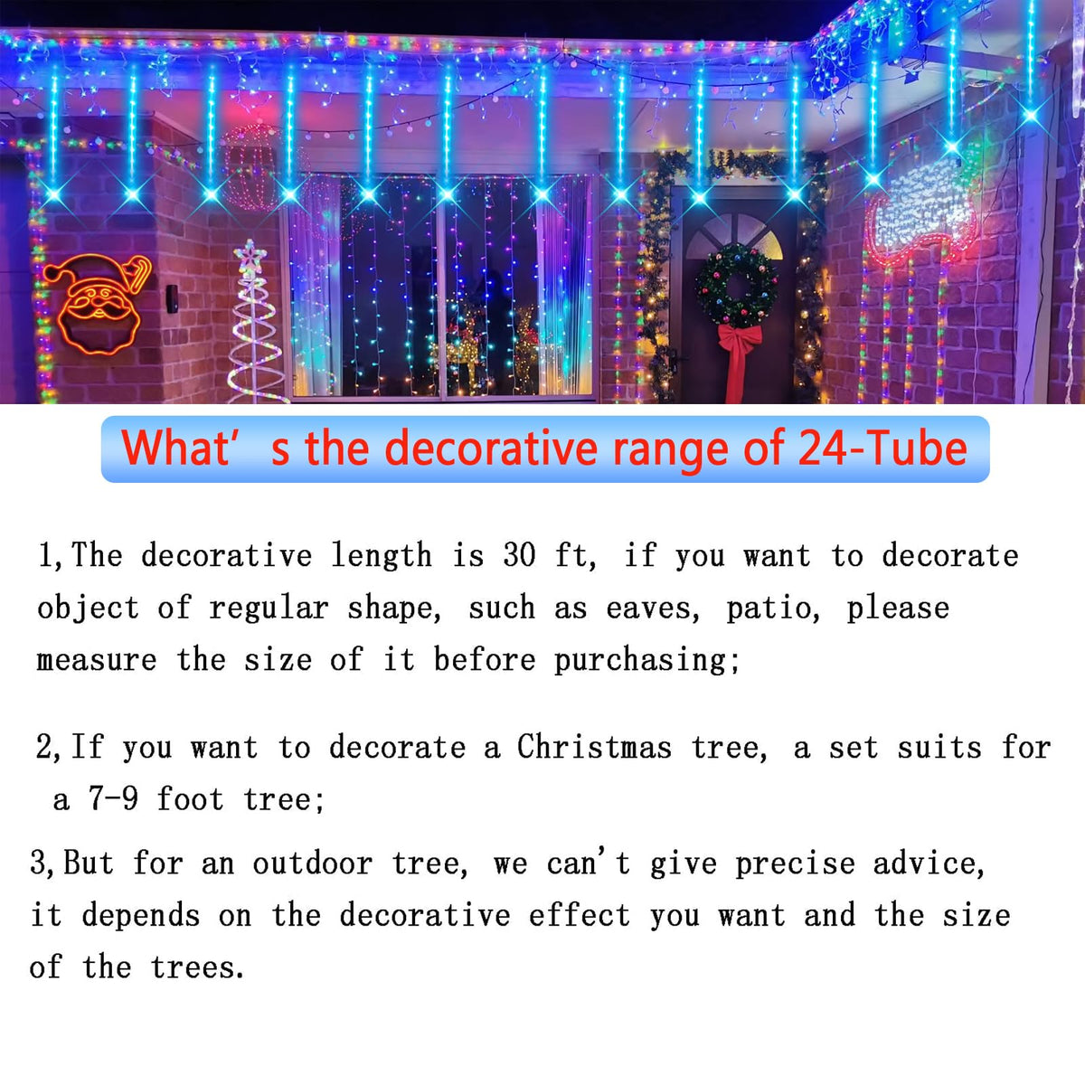 Outdoor Christmas Decorations, 24Tubes Meteor Shower Lights (Equal to 3 Sets of 8-Tubes) Ice Blue LED Icicle Christmas Lights for Halloween Xmas Decorations Tree Party Yard Outdoor