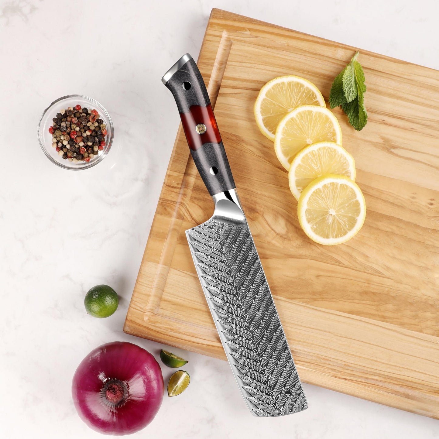 Seido Knives Inferuno 7 Inch Nakiri Knife – AUS-10 Core with 73-Layer Damascus Steel and Ergonomic Resin Maple Handle