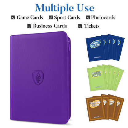 Premium Zip Card Binder, Fabmaker 9 Pocket Trading Card Binder, PU Cover Zipper Card Collection Album, Sturdy 360 Side-Loading Card Folder Holder for Game & Sports Cards, Purple