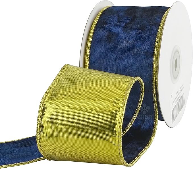 MEEDEE Navy Blue and Gold Velvet Ribbon 2.5 inch Thick Velvet Wired Edge 10 Yards Spool Two Tone Ribbon for Christmas Tree, Gift Wrapping, Wreaths, Bows, Swags, Crafts Supply