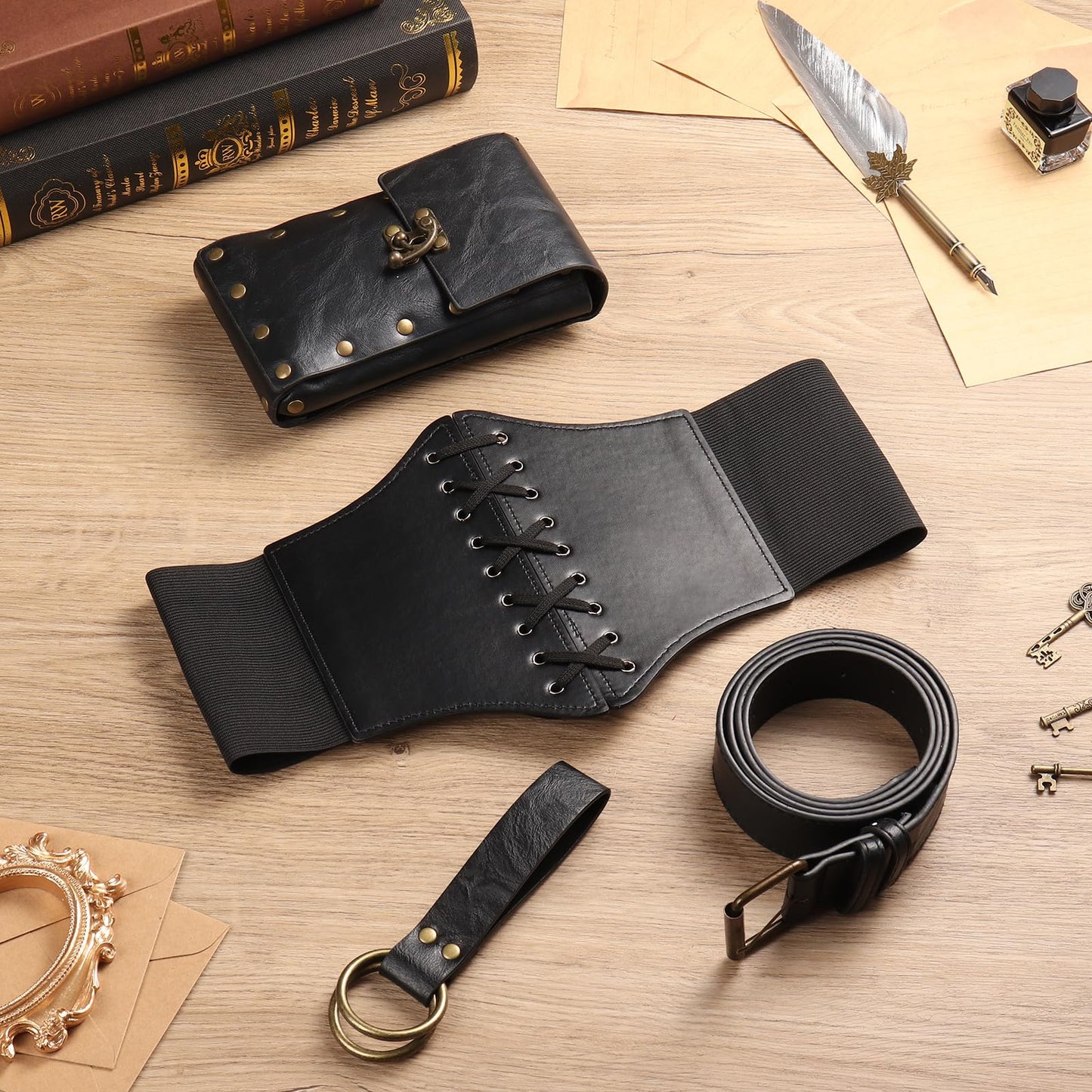 Magibag Women Renaissance Corset Belt Pouch Halloween Medieval Renaissance Costume Accessories (Black Skirt Hike Set, L/Waist 32"-43")
