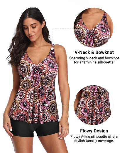 Yonique Women 2 Piece Flowy Tankini Swimsuits with Boyshorts V Neck Swim Tank Tops Bathing Suits Modest Swimwear Mandala L