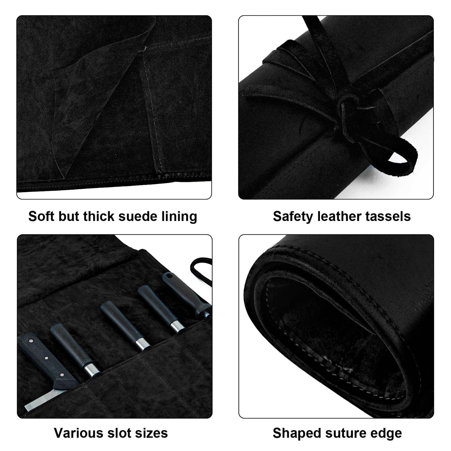 Genuine Leather Knife Roll, Knife Bags for Chefs Professional, Small Chef'S Knife,Knives Holders Protectors with 5 Slots (Black)