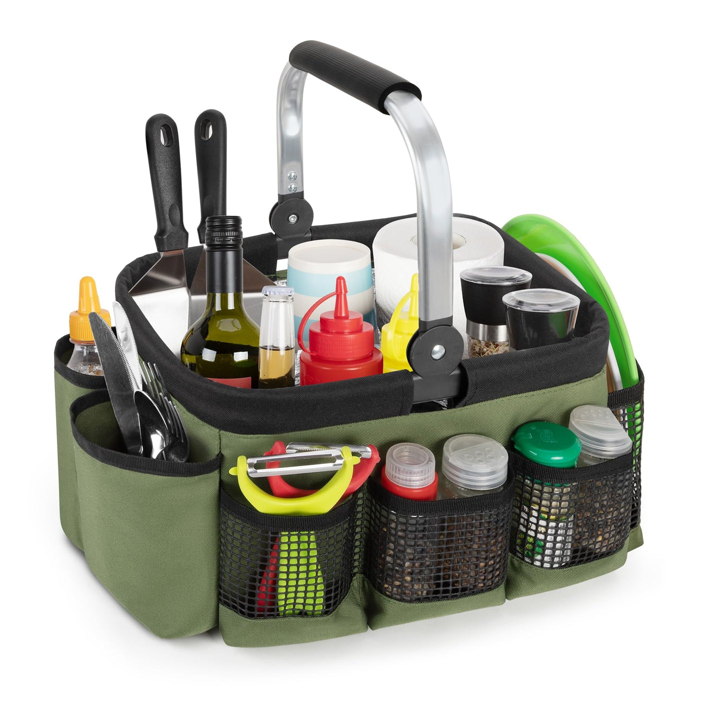 PGmoon Grill and Picnic Caddy, Foldable BBQ Tool Caddy with Rotated Handle, Multi-Pocket Grill Utensil Storage Bag for Outdoor Camping Picnic Patio Barbecue Accessories, Green