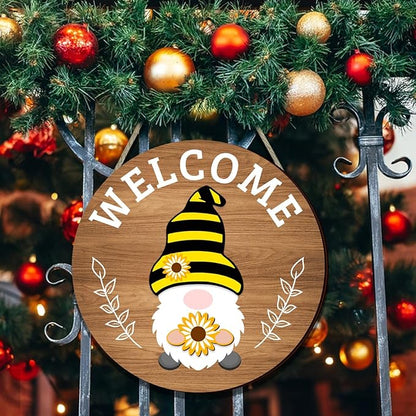 Interchangeable Seasonal Welcome Sign Front Door Decoration,Rustic Round Wood Wreaths Wall Hanging Outdoor Decor for Spring Summer Autumn and Winter All Seasons Holiday Halloween Christmas(Elf)