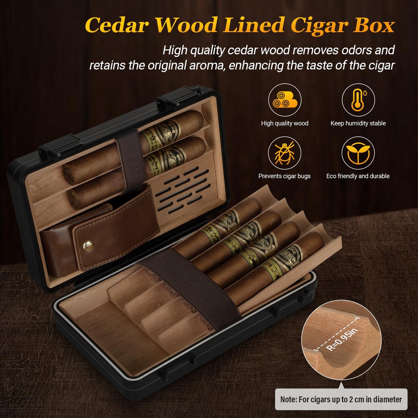 SEMKONT Travel Cigar Humidor, Portable Cedar Wood Lined Cigar Box, Waterproof Anti Pressure Sealed Cigar Storage Case, With Humidifier and Cigar Lighter Set, Can Holds 6 Cigars(Butane Not Included)