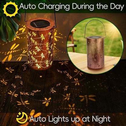 Boho Solar Lanterns Outdoor Birthday Gifts for Women Mom Grandma Metal Hanging Solar Powered Unique Garden Decorative LED Lights for Outside Yard Patio (Dragonfly)