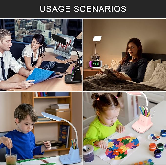 LED Desk Lamp with Wireless Charger for Home Office, Small with Pen Holder, 800LM,3 Color Modes,Gooseneck, Eye-Caring White Desk Lamps for Home College Dorm Room