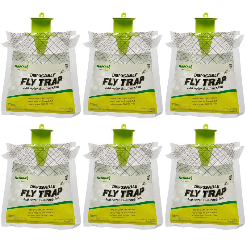 Rescue! Outdoor Disposable Fly Trap – Hanging Fly Catcher with Attractant Bait, Fly Bag for Patio, Yard, Trash & Farm Areas – Easy-to-Use Outdoor Fly Control - 6 Traps