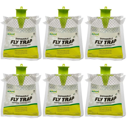Rescue! Outdoor Disposable Fly Trap – Hanging Fly Catcher with Attractant Bait, Fly Bag for Patio, Yard, Trash & Farm Areas – Easy-to-Use Outdoor Fly Control - 6 Traps