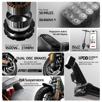 CUNFON Electric Scooter, Up to 31 MPH, 50 Mile Long Range, Dual Brake & Dual Suspension, 1600W Peak Motor, Off-Road Heavy Duty E-Scooter for Adults and Teens, 300+ lbs