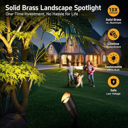 Gardenreet Spot Light Brass - Outdoor Landscape Spotlights 12V, LED Low Voltage Landscaping Uplights, All Weather Hard-Wired Bronze for Backyard Lawn with Day Light Changeable Bulbs (8 Pack)