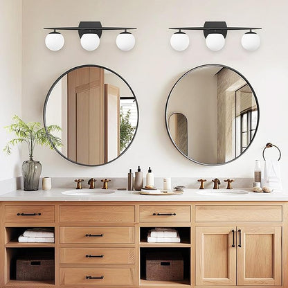 Black Bathroom Light Fixtures, 3-Light 25.1 Inch Modern Vanity Lights with Milky White Frosted Glass Shades, Wall Sconces for Bathroom, Bedroom, Living Room(G9 Bulb not Included)
