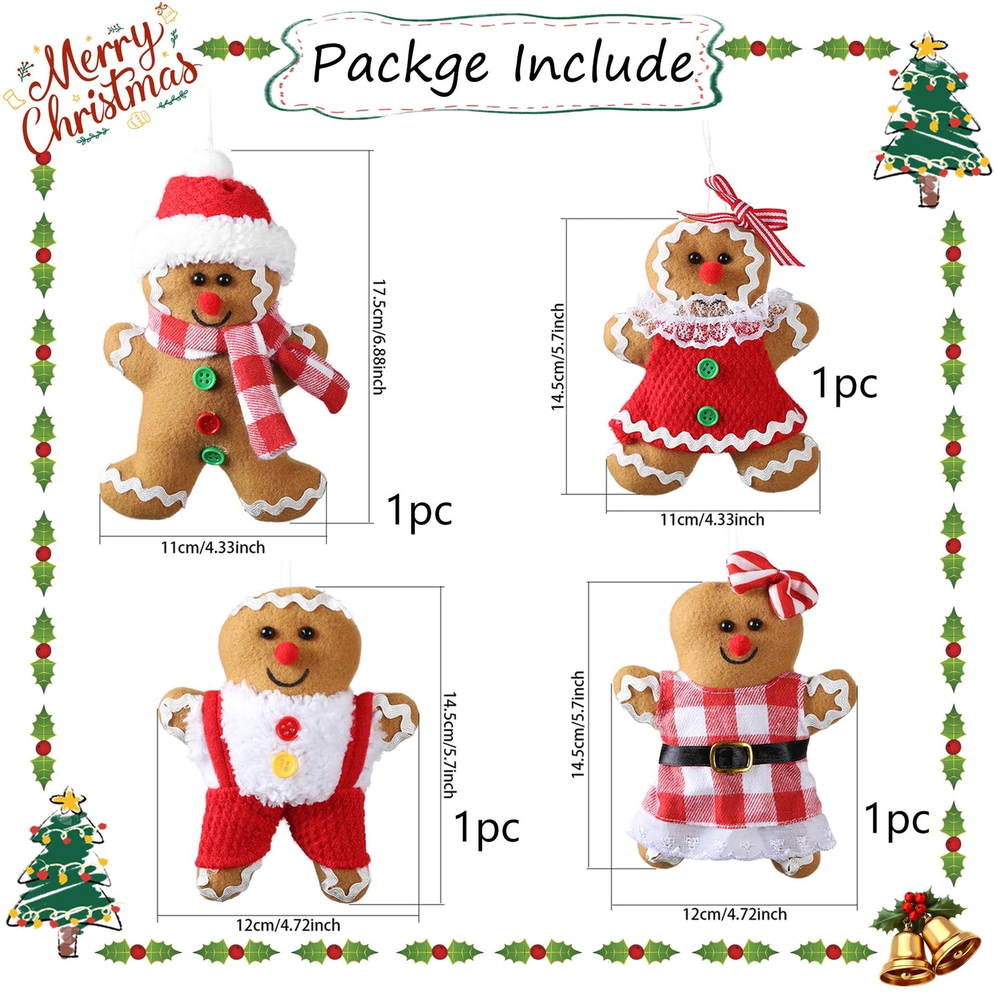 4Pcs Christmas Decorations Indoor, 5.7 Inch Gingerbread Plush Ornaments, Stuffed Gingerbread Man Christmas Decor for Home Xmas Season
