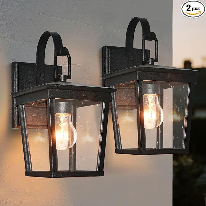 ALVIME Outdoor Wall Light Fixtures, Waterproof Outdoor Sconce Lights, Exterior Wall Lanterns, Porch Outside Lighting for Entryway, Backyard, Patio, Garage, Clear Seeded Glass Black 2 Pack