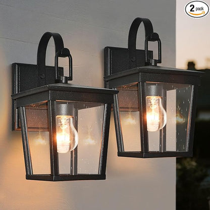 ALVIME Outdoor Wall Light Fixtures, Waterproof Outdoor Sconce Lights, Exterior Wall Lanterns, Porch Outside Lighting for Entryway, Backyard, Patio, Garage, Clear Seeded Glass Black 2 Pack