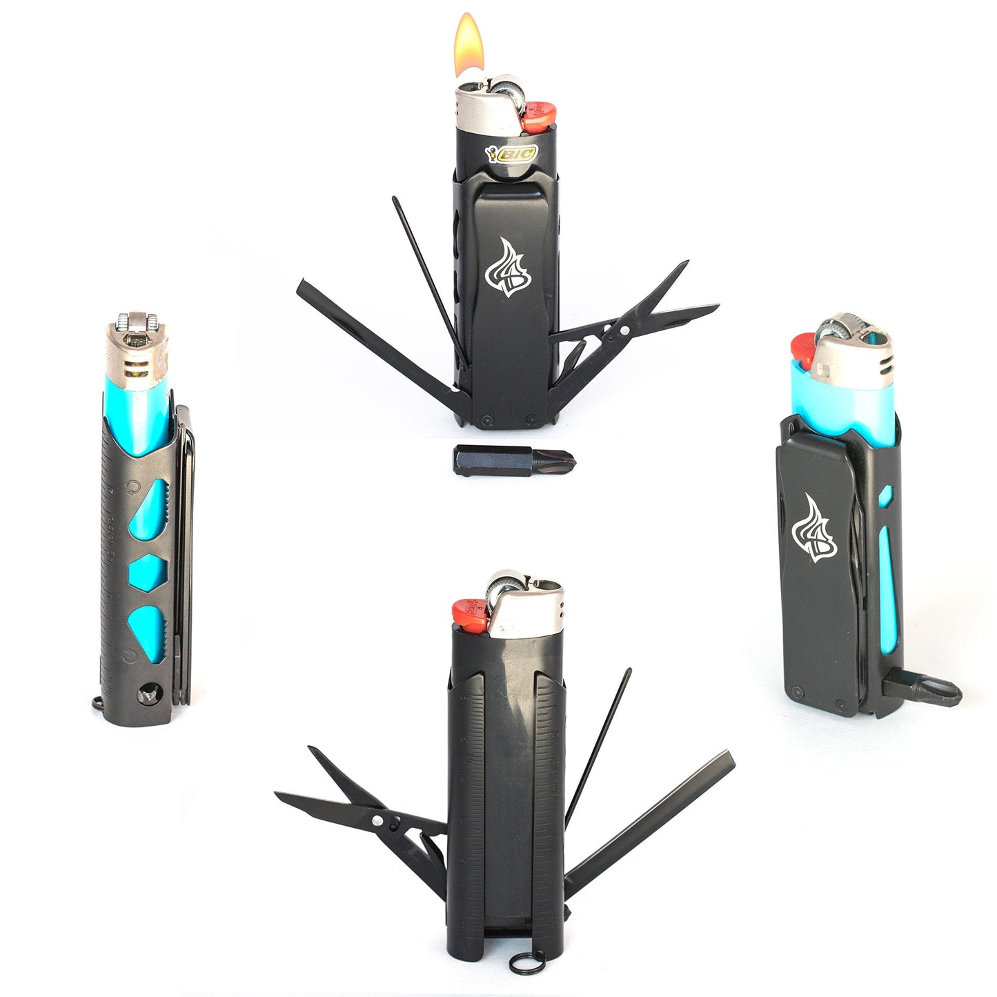 LighterBro Pro Lighter Sleeve - Multi-tool - 420 Stainless Steel - Easily Fits Your Favorite Lighters - Includes Mini Pocket Knife, Ruler, Scissors, Screwdriver, Poker, Key Ring & More (Black)
