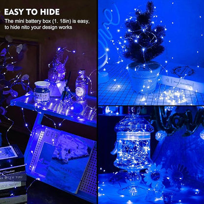 pozzolanas 12 Pack Blue Fairy Lights Battery Operated 3 Modes 7FT 20 LED Waterproof String Lights Twinkle Silver Wire for Mason Jars Wedding Christmas Halloween Part Decor (12, Blue)