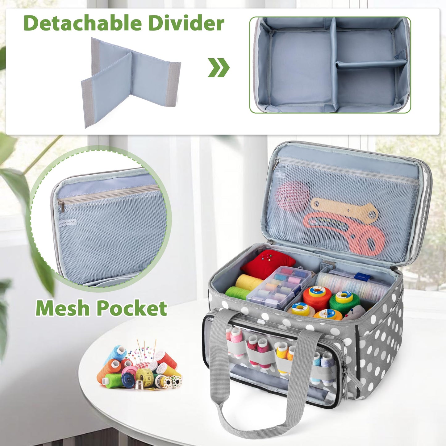 LUXJA Double-Layer Sewing Storage Organizer with Transparent Compartment, Large Sewing Organizer Bag with Detachable Divider for Sewing Supplies (Bag Only), Polka Dots