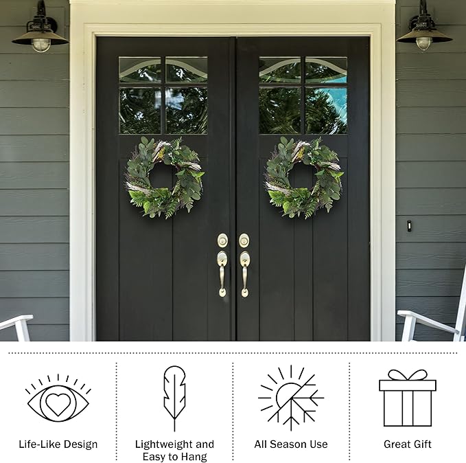 Sweet Anne Eucalyptus Wreath Set - Two 22-Inch Artificial Spring, Summer, or Fall Wreaths for Home Decor - Indoor Decor by Pure Garden